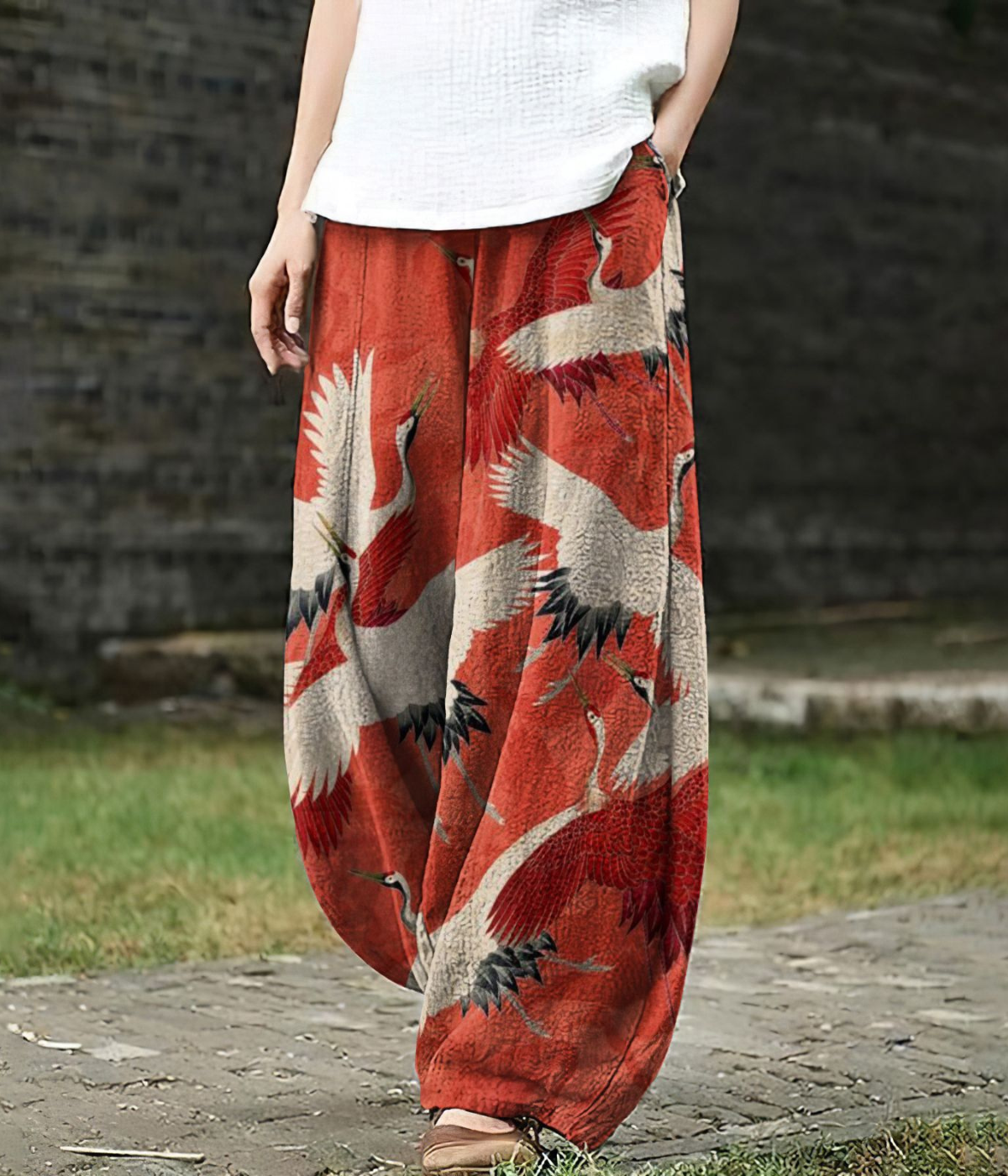 Mia | Wide-Leg Red Crane Pants