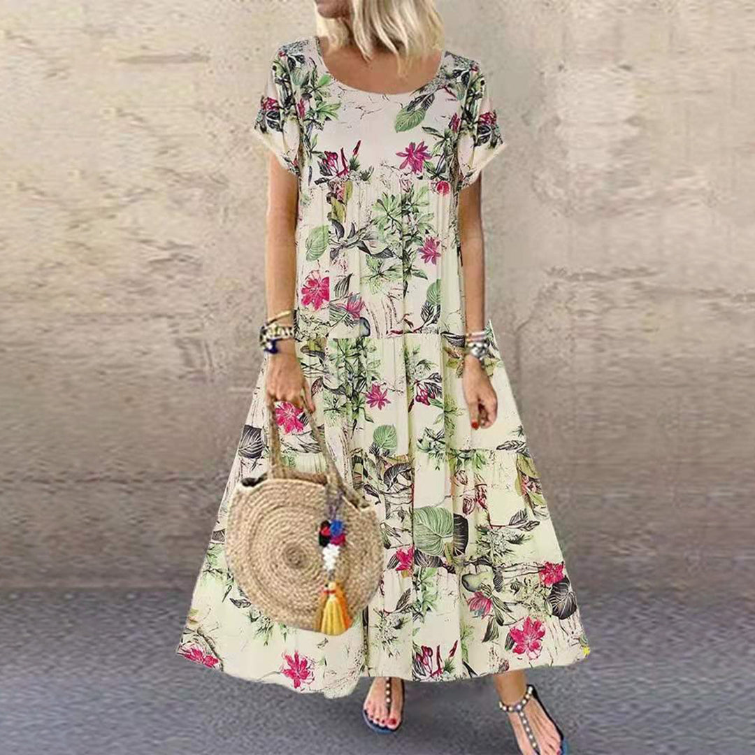 Women’s Maxi Dress – Loose Fit – Floral Print – Short Sleeve