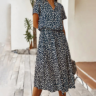 Avencea - Printed V-Neck Midi A-Line Dress with Dots and Regular Short Sleeves