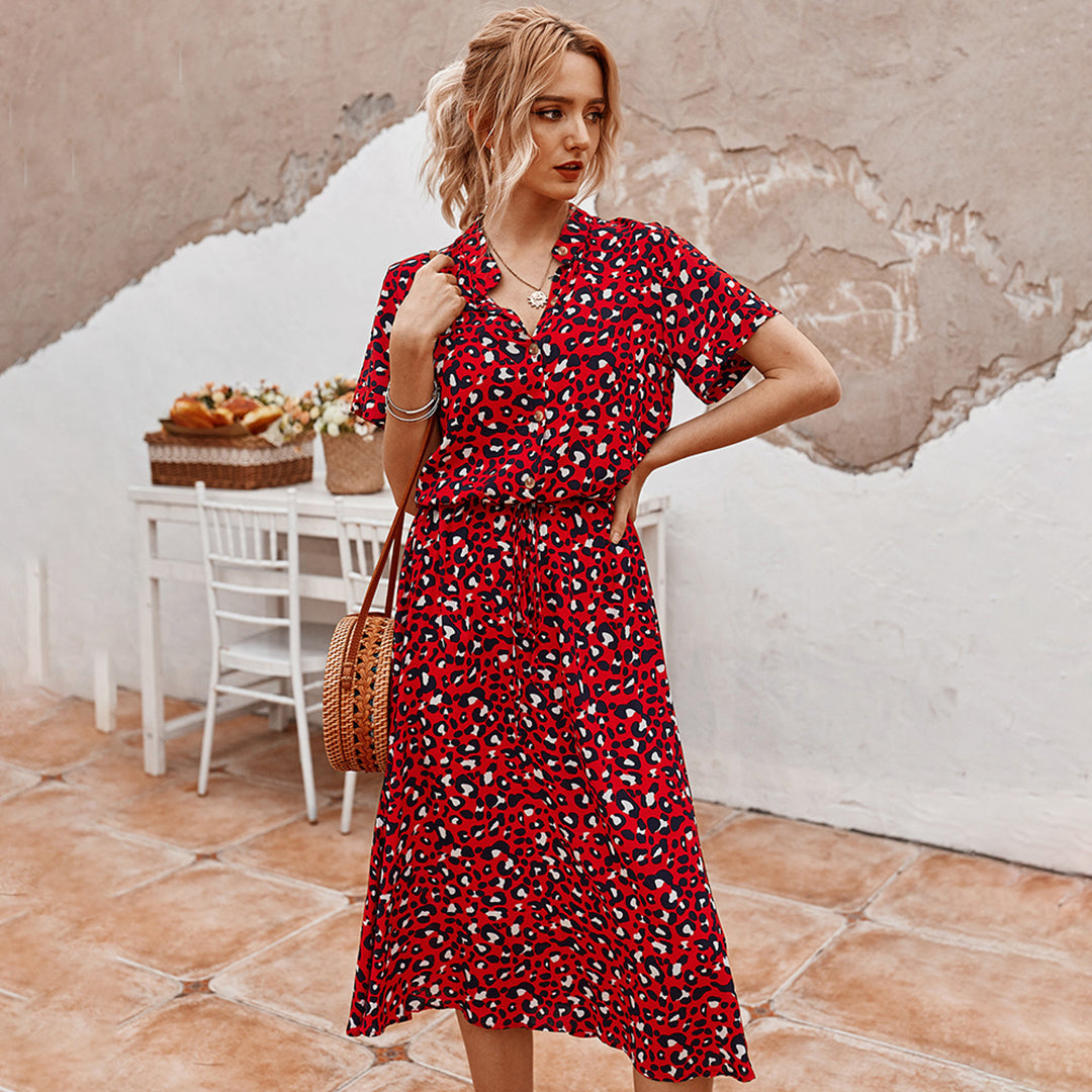 Avencea - Printed V-Neck Midi A-Line Dress with Dots and Regular Short Sleeves