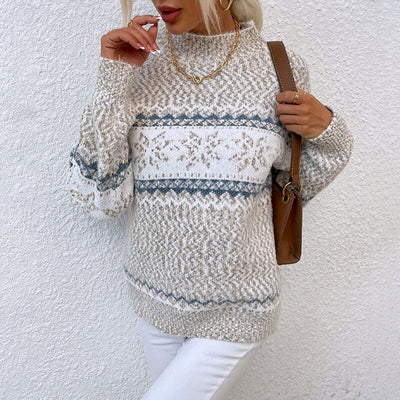 Women’s Pullover Sweatshirt – Relaxed Fit – Wool Knitted – Nordic Pattern – Ribbed Trim