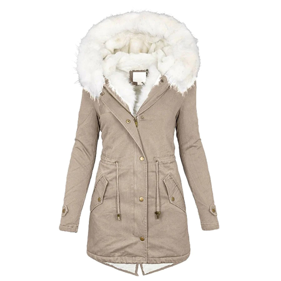 Avencea - Long winter coat with hood and fur collar for women