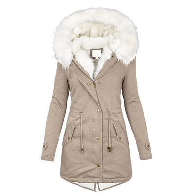 Avencea - Long winter coat with hood and fur collar for women