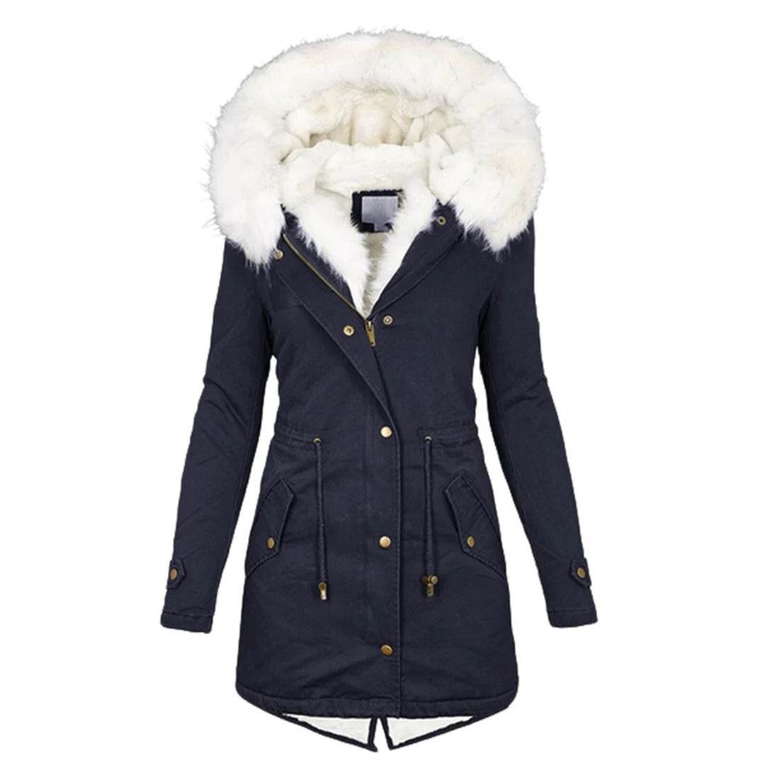 Avencea - Long winter coat with hood and fur collar for women