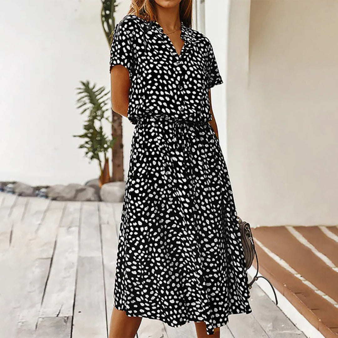 Avencea - Printed V-Neck Midi A-Line Dress with Dots and Regular Short Sleeves