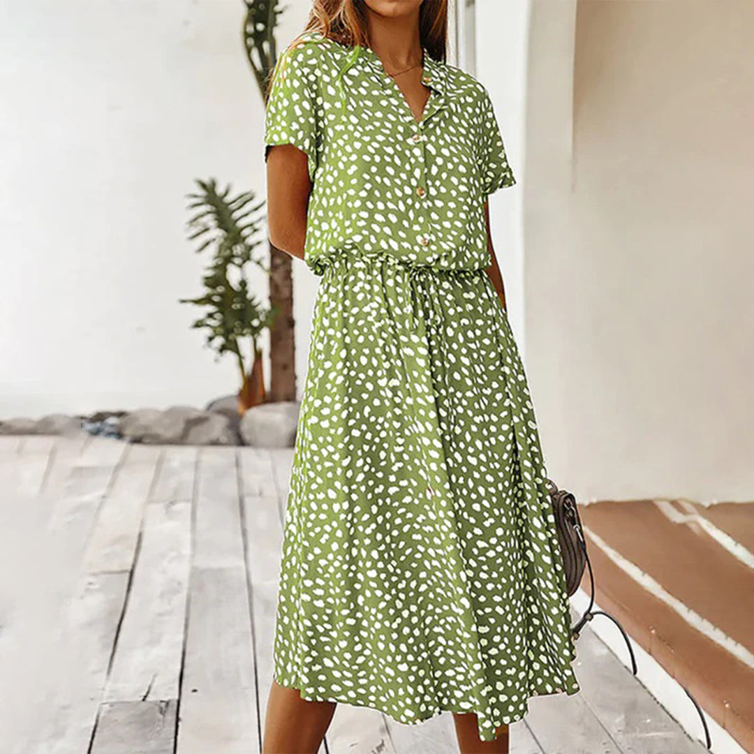 Avencea - Printed V-Neck Midi A-Line Dress with Dots and Regular Short Sleeves