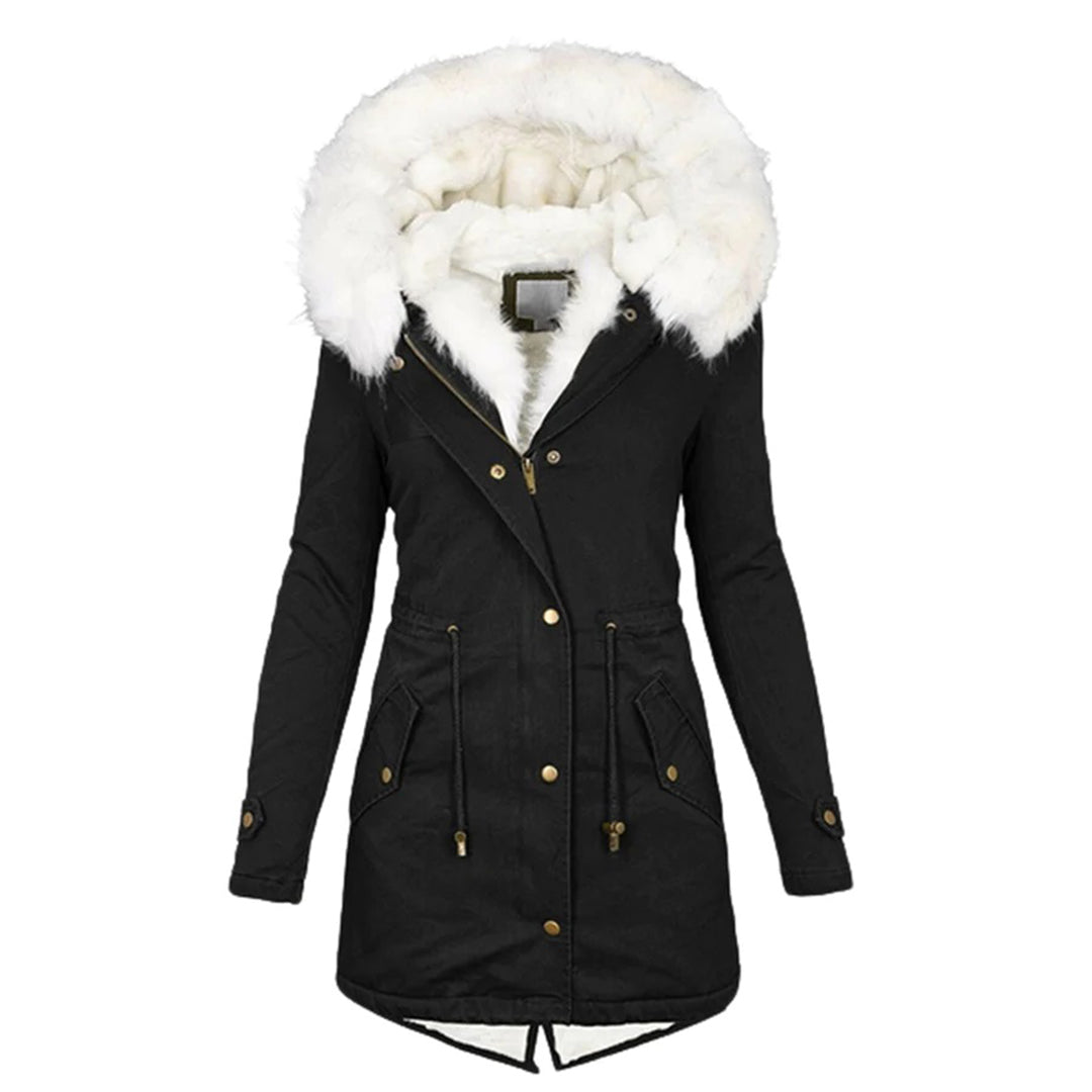 Avencea - Long winter coat with hood and fur collar for women