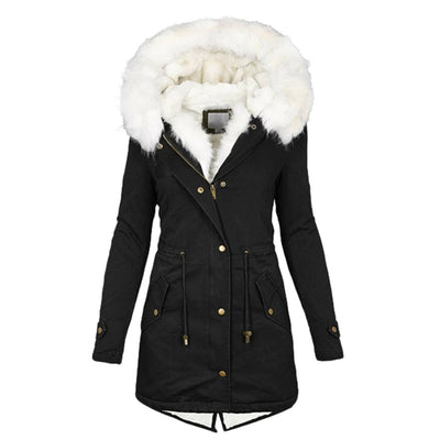 Avencea - Long winter coat with hood and fur collar for women