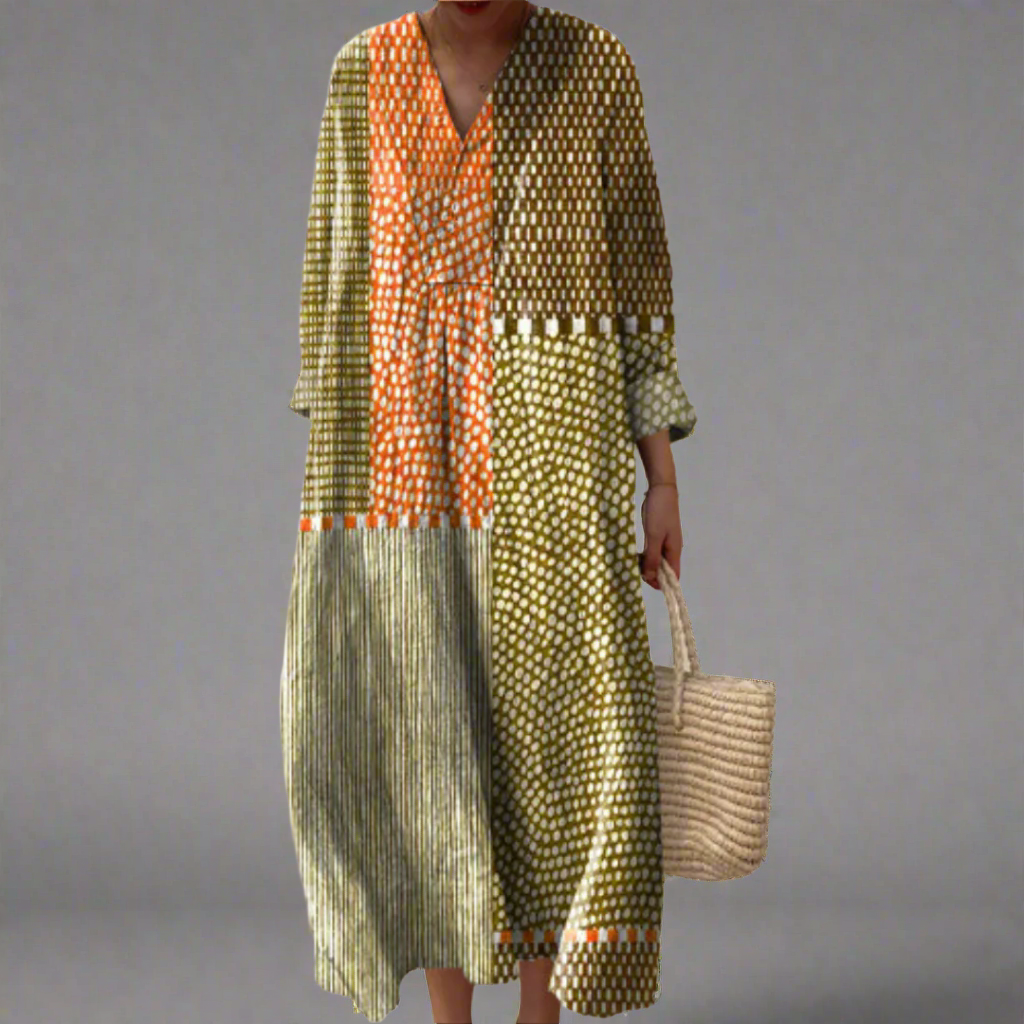 Veronica | Earthy Patchwork Dotted Midi Dress