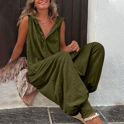 Women’s Jumpsuit – Relaxed Fit – Wide Leg – Sleeveless – V-Neck – Lightweight Cotton Blend