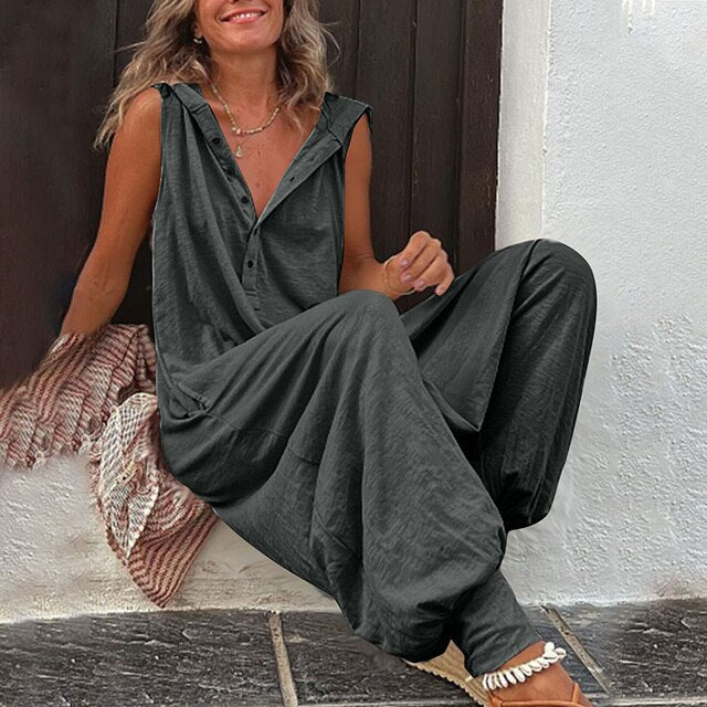 Women’s Jumpsuit – Relaxed Fit – Wide Leg – Sleeveless – V-Neck – Lightweight Cotton Blend
