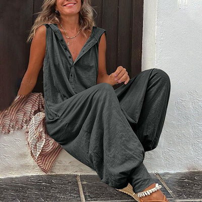 Women’s Jumpsuit – Relaxed Fit – Wide Leg – Sleeveless – V-Neck – Lightweight Cotton Blend