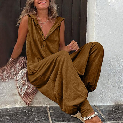 Women’s Jumpsuit – Relaxed Fit – Wide Leg – Sleeveless – V-Neck – Lightweight Cotton Blend
