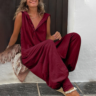 Women’s Jumpsuit – Relaxed Fit – Wide Leg – Sleeveless – V-Neck – Lightweight Cotton Blend