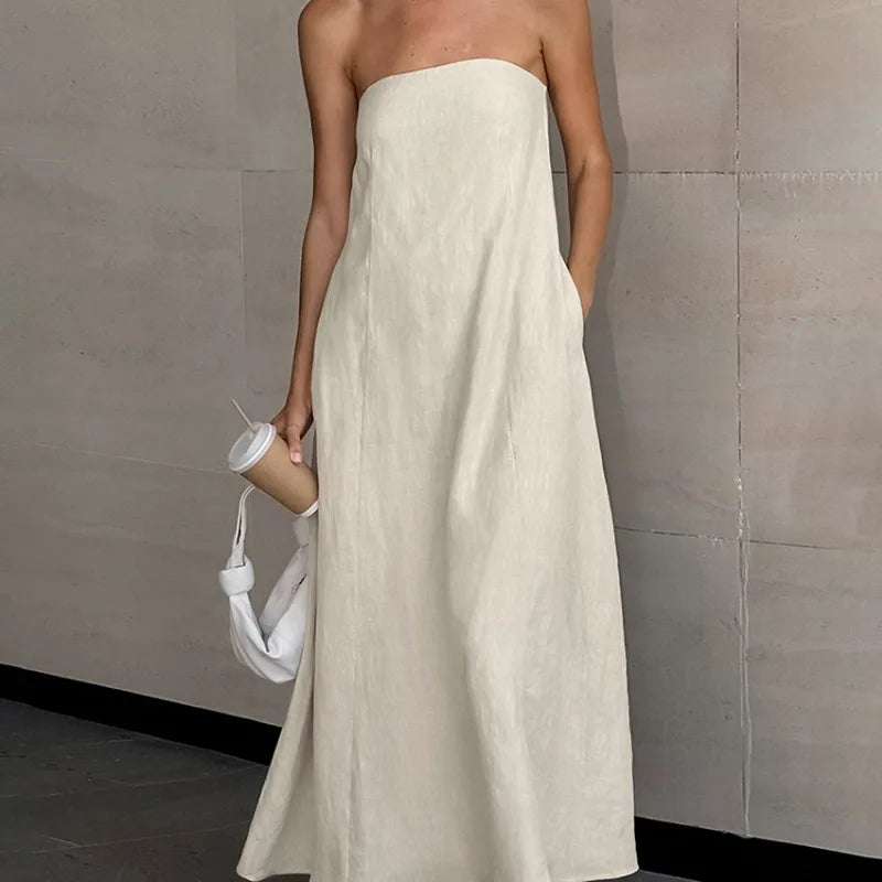 Women’s Strapless Dress – Cotton Linen Blend – Relaxed Fit – Full Length with Pockets