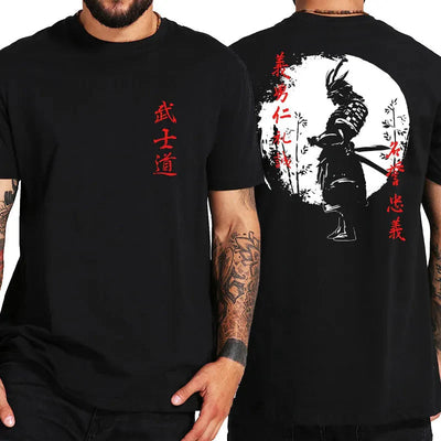 Japan Samurai Spirit T Shirts Japanese Style Back Print EU Size 100% Cotton Tops T-shirt Bushido Male Gifts Tee