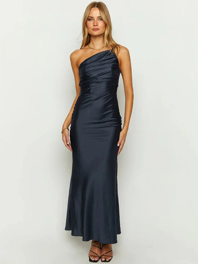 Women’s Evening Gown – Satin One-Shoulder – Fitted Silhouette – Floor-Length Formal Dress