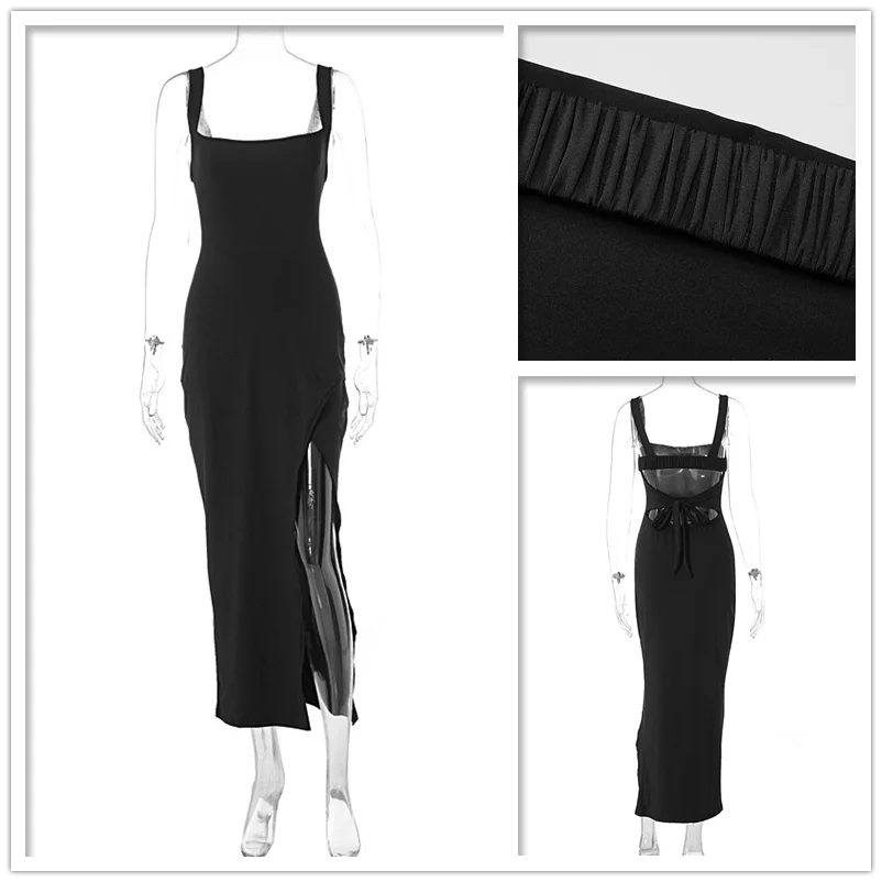 Women’s Maxi Dress – Bodycon Fit – Stretch Fabric – Sleeveless – Square Neck – High Slit