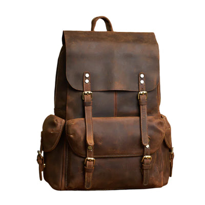 Rugged Genuine Leather Travel Backpack - Brown Large Capacity Daypack