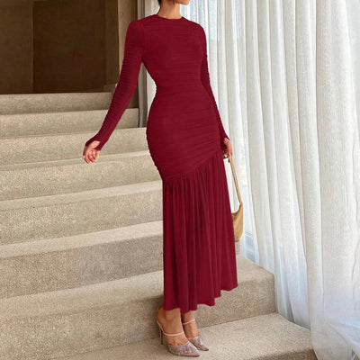 Women’s Maxi Dress – Bodycon Fit – High Neck – Long Sleeve Ruched Draped Skirt