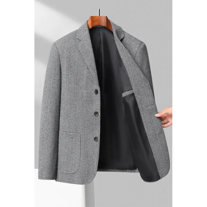 Men’s Blazer – Wool Blend – Tailored Fit – Herringbone – Notched Lapel – 3-Button Closure
