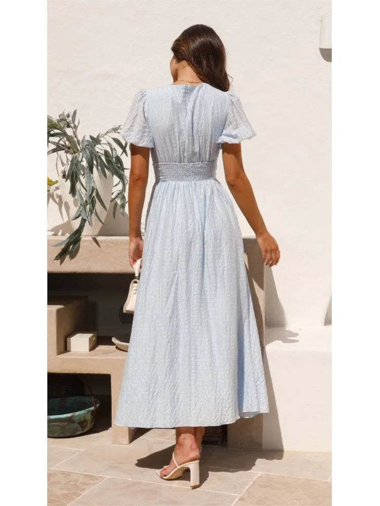 Women’s Midi Dress – Cotton Blend – A-Line Fit – Puff Sleeve – V-Neck – Tailored Waist