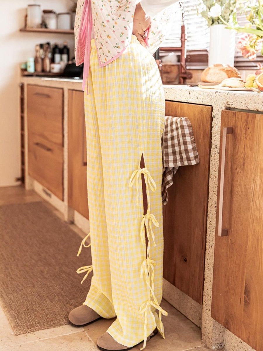Women’s Wide Leg Trousers – 100% Cotton – Relaxed Fit – Checkered – Side Tie Waist