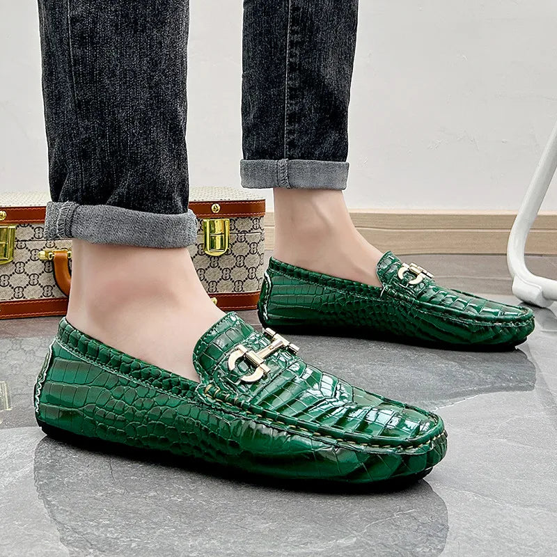 Big Size 38-48 Fashion Green Loafers Men Soft Comfy Slip-on Men's Casual Leather Shoes Crocodile Moccasin For Men Driving Shoes