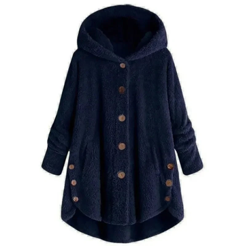 Women’s Fleece Jacket – Relaxed Fit – Hooded – Button Front – Extended Back Hem