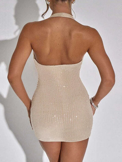 Women’s Mini Dress – Sequin Bodycon – Halter Neck – Backless Cowl Front Party Wear