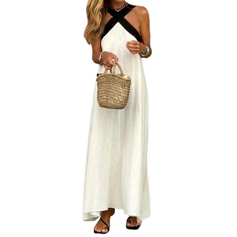 Women’s Maxi Dress – Cotton Blend – Relaxed Fit – Halter Neck – Crisscross Back