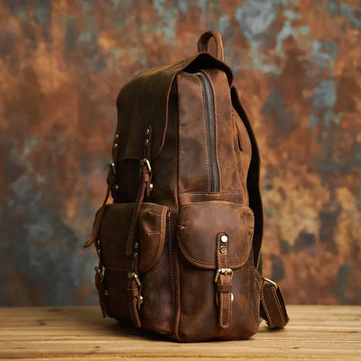 Rugged Genuine Leather Travel Backpack - Brown Large Capacity Daypack