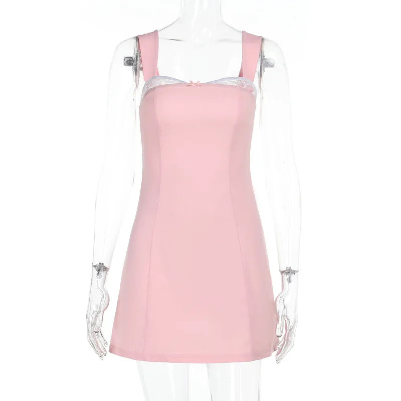 Women’s Mini Dress – Fitted Silhouette – Satin Finish – Lace Trim – Wide Straps – Evening Wear