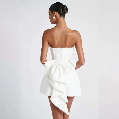 Women’s Mini Dress – Strapless Satin – Slim Fit – Back Bow – Beaded Trim Partywear