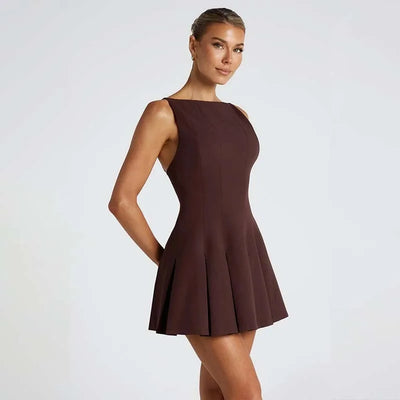 Women’s Mini Dress – High Neck Sleeveless – Fitted Bodice Pleated A-Line Skirt