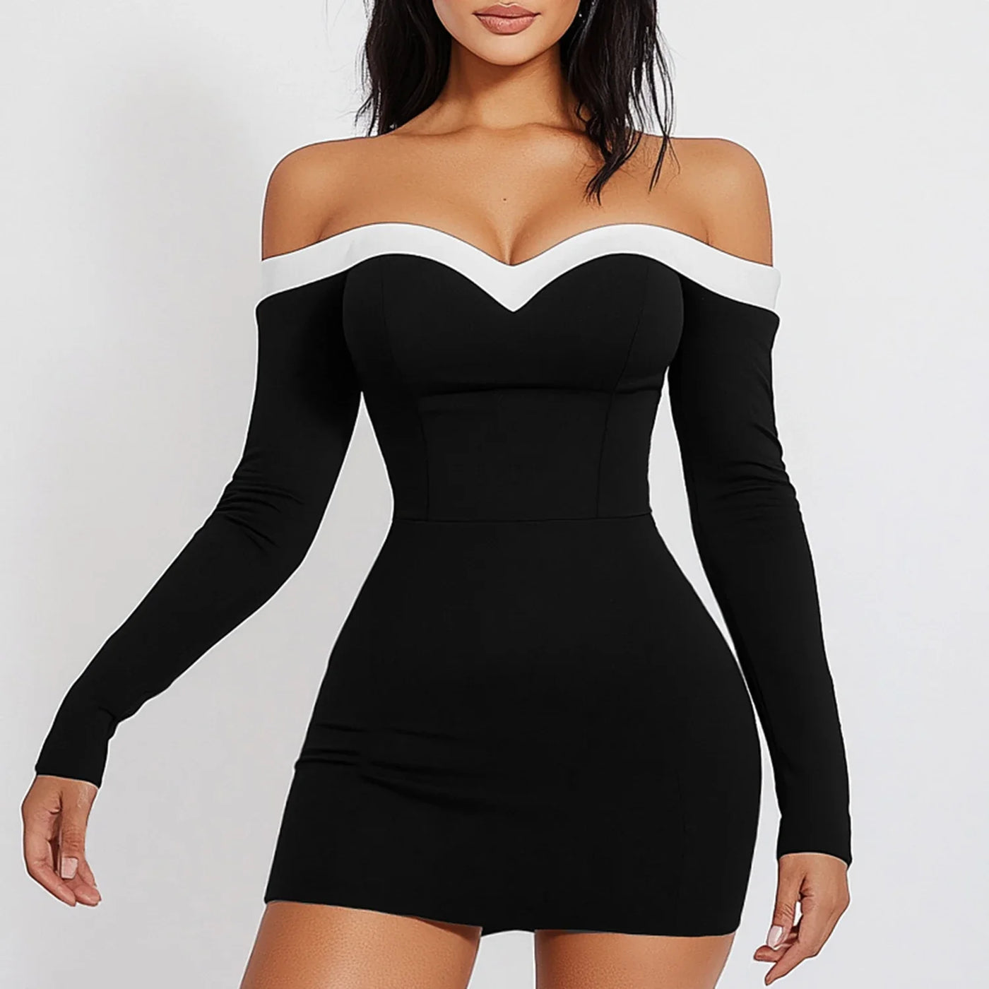 Women’s Bodycon Dress – Off-Shoulder V-Neck – Long Sleeve Stretch Mini Party Wear