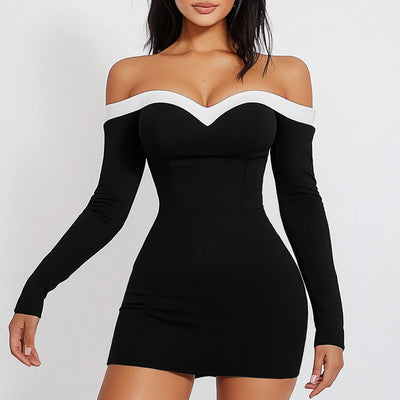 Women’s Bodycon Dress – Off-Shoulder V-Neck – Long Sleeve Stretch Mini Party Wear