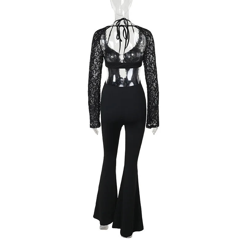 Women’s Jumpsuit – Lace Bodice – Plunging Neckline – Cut-Out Waist – Bootcut Legs – Bell Sleeves