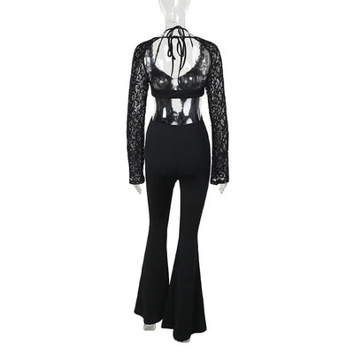 Women’s Jumpsuit – Lace Bodice – Plunging Neckline – Cut-Out Waist – Bootcut Legs – Bell Sleeves