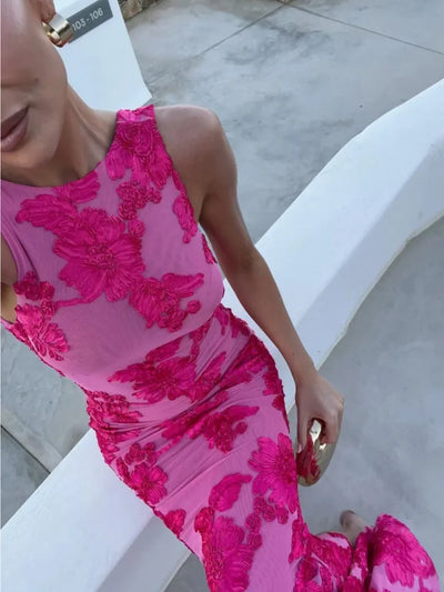 Calliope - Floral Appliqué Mesh Maxi Dress