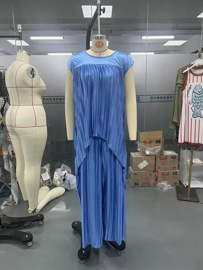 Angela - Pleated Irregular Top and Wide Waisted Pants Set