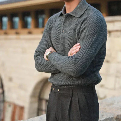Men’s Knitted Sweater – Slim Fit – Wool Blend – Cable Knit – Polo Collar – Long Sleeve