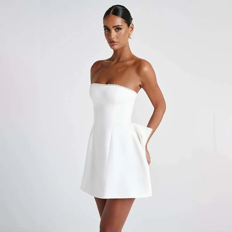 Women’s Mini Dress – Strapless Satin – Slim Fit – Back Bow – Beaded Trim Partywear