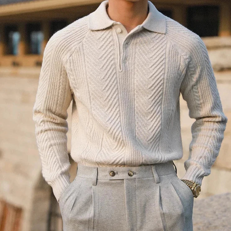 Men’s Knitted Sweater – Slim Fit – Wool Blend – Cable Knit – Polo Collar – Long Sleeve
