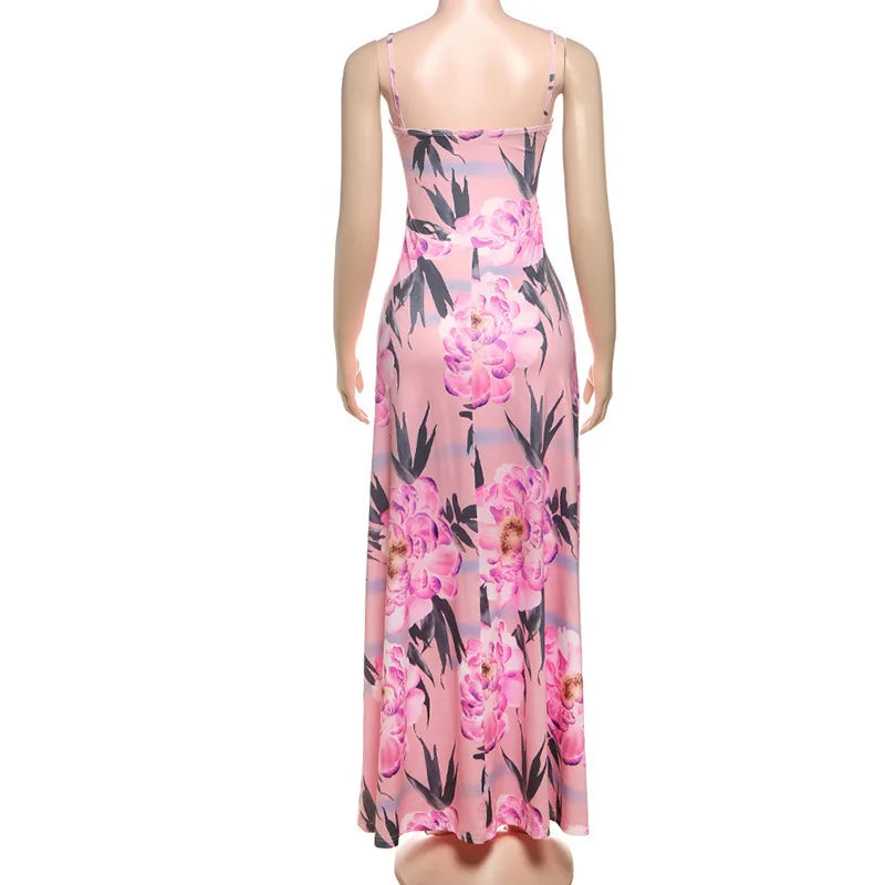 Women’s Maxi Dress – Floral Print – Draped Bodice – Spaghetti Straps – Flowy Fit