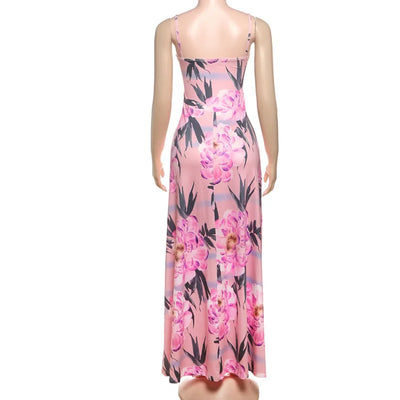 Women’s Maxi Dress – Floral Print – Draped Bodice – Spaghetti Straps – Flowy Fit