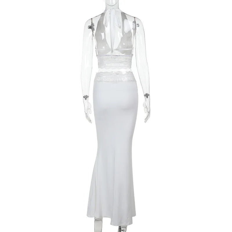 Women’s Two-Piece Set – Halter Crop Top – Mermaid Skirt – Stretch Lace Evening Wear