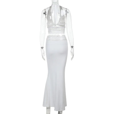 Women’s Two-Piece Set – Halter Crop Top – Mermaid Skirt – Stretch Lace Evening Wear