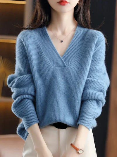 Women’s Pullover Sweatshirt – Soft Knit – Relaxed Fit – V-Neck – Ribbed Hem & Cuffs