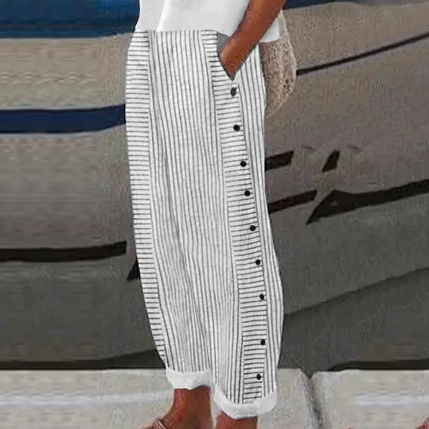 Sienna | Coastal Striped Button-Detail Pants